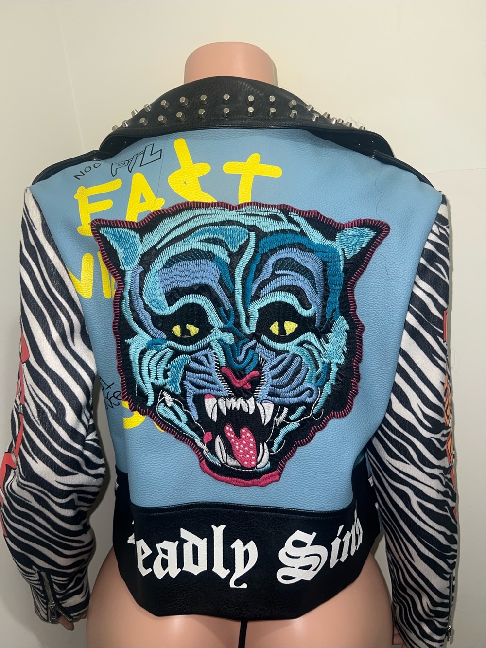 Studded Blue Embroidered Cat Kids Jacket